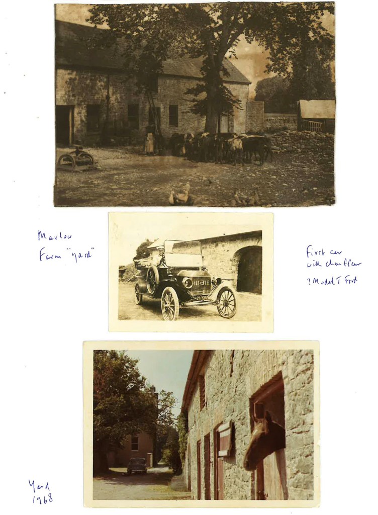 Photos of the Marlow farm yard, first model T Ford, circa 1968